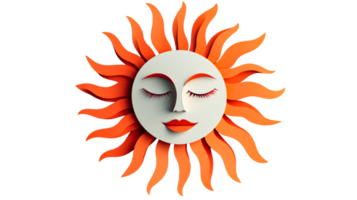 Orange sun face with closed eyes, papercraft design, cut out transparent png