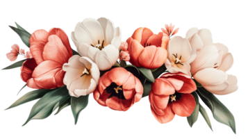 Floral arrangement with tulips of red and white, cut out transparent png
