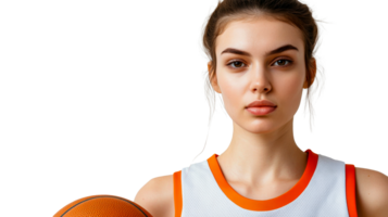 Female basketball player in uniform holding ball, studio shot, cut out transparent png