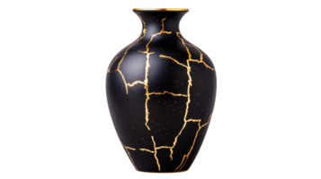 Elegant black vase with gold cracks artistic Kintsugi, cut out transparent png