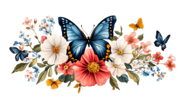 Floral arrangement with butterflies and flowers, vibrant colors, cut out transparent png