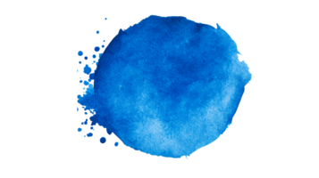 Blue watercolor spot with droplets on black background, cut out transparent png