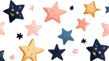 Whimsical star pattern on a black background with soft, cut out transparent png