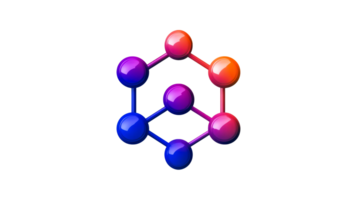 Molecule model linked with multi colored spheres, cut out transparent png