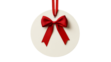 Red bow, round tag, black background gift wrapping element, cut out transparent png