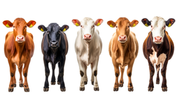 Group of five assorted cows standing, front view,isolated, cut out transparent png