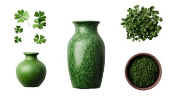 Composition with green vases and clover, cut out transparent png