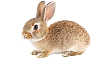Cute light brown bunny with long ears and shiny eyes, cut out transparent png