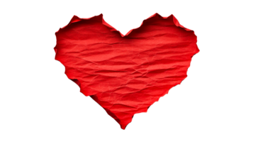 Red wrinkled heart shape on black background, cut out transparent png