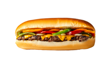 Long burger on bun with vegetables and cheese, cut out transparent png