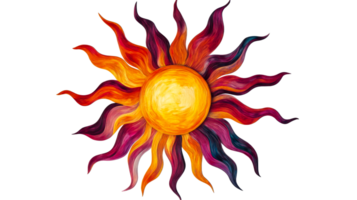 Artistic rendition of a radiant sun with colorful rays, cut out transparent png