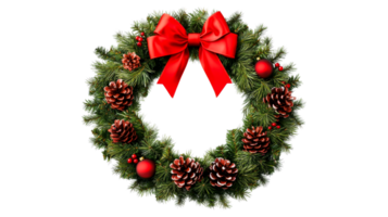 Christmas fir wreath with red bow, pine cones, and ornaments, cut out transparent png