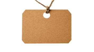 Blank tag with string attached, brown, rectangular, textured,isolated, cut out transparent png