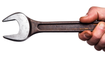 Hand holding a metallic wrench in a close up view png