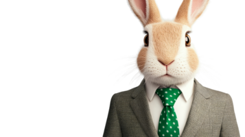 Rabbit dressed in suit and tie with green polka dots, cut out transparent png
