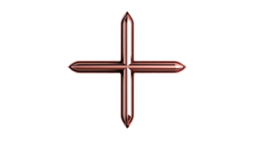 Shiny copper cross with sharp tips, mathematical sign , cut out transparent png