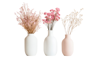 Three decorative vases with dried flowers on a black background, cut out transparent png