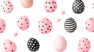 Easter eggs with various patterns on a black background, cut out transparent png