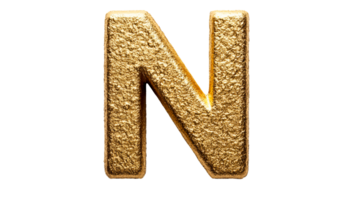 Letter N, golden textured font on black background, cut out transparent png