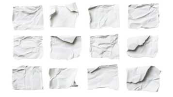 Crumpled paper sheets, white texture elements collection, isolated shape, cut out transparent png