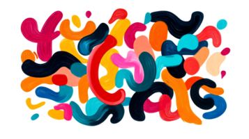 Abstract paint blobs and swirls on black background, cut out transparent png