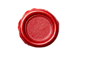 Shiny red wax seal stamp, old official document, isolated object, cut out transparent png