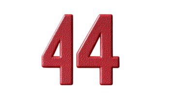 Red textured number 44, design element rendering, cut out transparent png