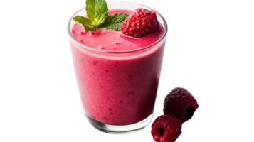 Raspberry smoothie in a glass with mint and berries, cut out transparent png