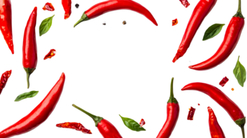Red chili pepper layout with basil on black, cut out transparent png