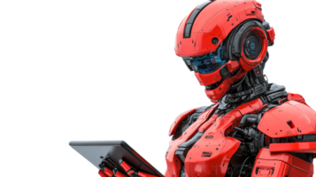 Red robot uses tablet, cyberpunk future tech, artificial intelligence, cut out transparent png