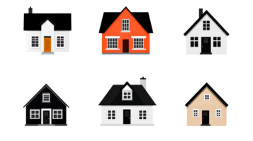 Set of different houses, dwelling architecture, modern constructions, cut out transparent png