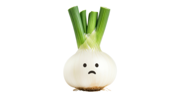 Sad spring onion with face isolated on black background, cut out transparent png