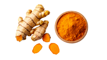Turmeric root and powder against black background, cut out transparent png