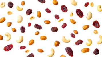 Mixed nuts and raisins scattering on a black background, cut out transparent png