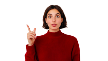 Woman looking surprised, pointing up with her finger, cut out transparent png