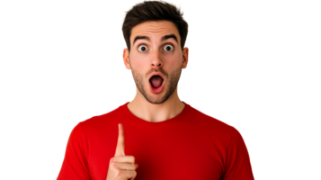 Man looking surprised, pointing finger up, with open mouth, cut out transparent png