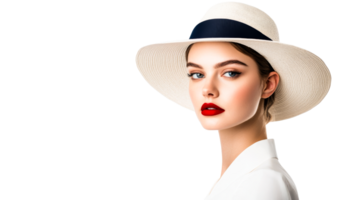 Portrait of a woman in a white hat with bright red lips, cut out transparent png