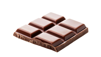 Dark chocolate bar with visible cocoa texture and glossy surface, cut out transparent png