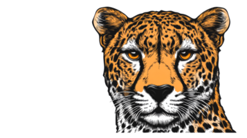 Graphic portrait of a leopard with orange eyes, black background, cut out transparent png