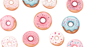 Assorted donuts with various toppings and colors, cut out transparent png