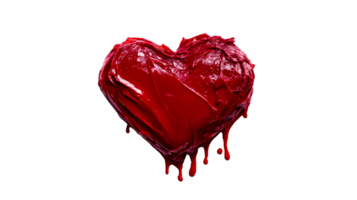 Dripping red paint in a heart shape on a black background, cut out transparent png