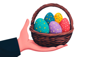 Hand holding Easter basket filled colorful eggs, cut out transparent png