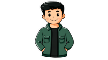 Smiling boy in a jacket with hands in pockets, cut out transparent png