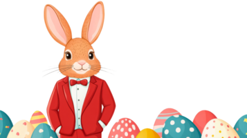 Easter Bunny with Eggs in Red Suit and Bowtie, cut out transparent png