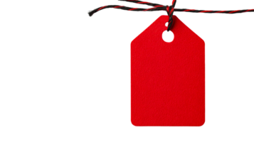 Red tag with string, price or sale label, empty, cut out transparent png