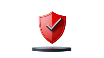 Red security shield on black platform, cut out transparent png