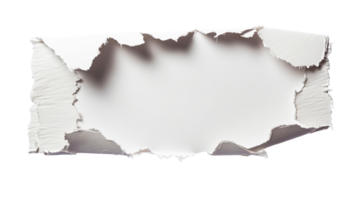 White torn paper sheet with a hole in center, texture surface, cut out transparent png