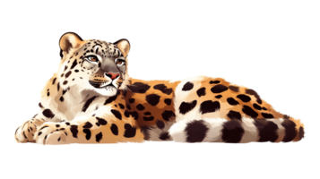 Snow leopard lying down resting relaxed and calm, cut out transparent png