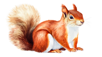Orange squirrel illustration, furry tail, sitting pose, looking right, cut out transparent png