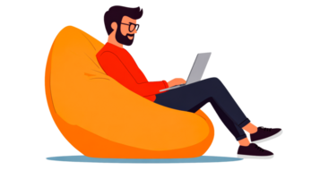 Man working on laptop in beanbag, illustration, comfort, relax, cut out transparent png